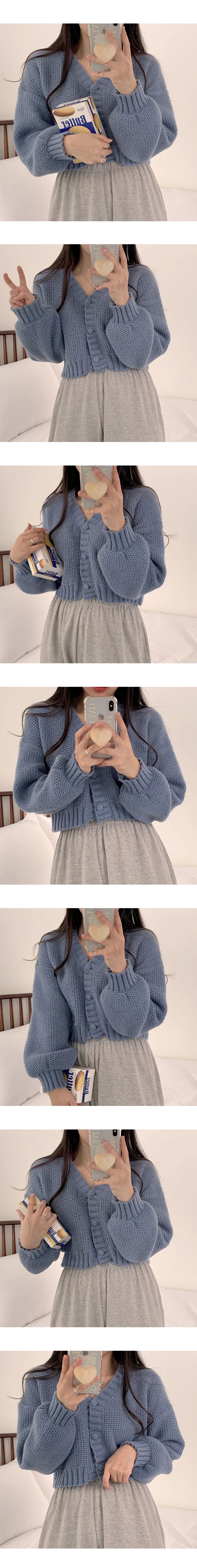 Short Knitted Cardigan Sweet Korean V Neck Lantern Sleeve Sweaters for Women Fall Wild Simple Cropped Pink  Coat