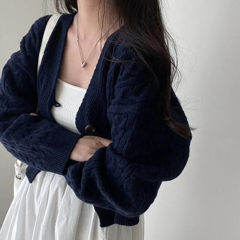 Fall Autumn and Winter New Women's Clothing Retro V-neck Twist Design Long-sleeved Short Knitted Cardigan Sweater Jacket