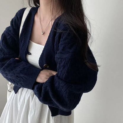 Fall Autumn and Winter New Women's Clothing Retro V-neck Twist Design Long-sleeved Short Knitted Cardigan Sweater Jacket