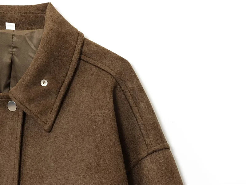 Women's Jacket New Fall 2025 Dark Brown Long Sleeve Bomber Jacket Pocket Decoration Casual Fashion Simple Personality