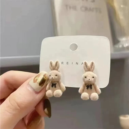 Cute Flocking Plush Rabbit Bear Stud Earrings Kawaii Brown Khaki Animal Earrings For Women Girls Korean Earring Jewelry
