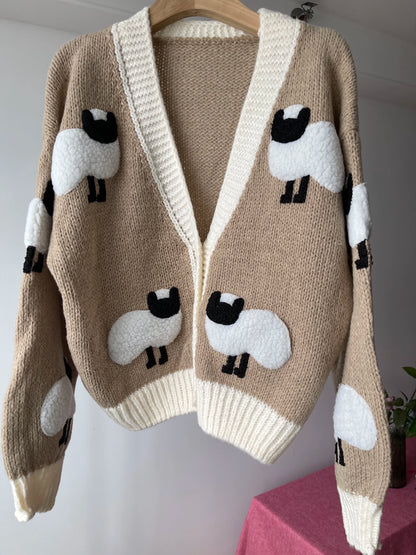 Sheep Pattern Crochet Chunky Knit Cardigan Cute Cartoon Sweater Vintage Long Sleeve V Neck Autumn Women Jumper Outerwear
