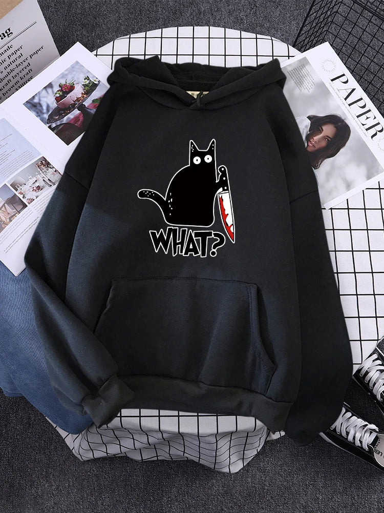 Hoody Little Black Cat And Knife Sweatshirt With Hooded Woman Oversized Aesthetic Hoodie Womens Winter Female Cats Hoodies