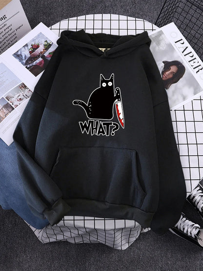 Hoody Little Black Cat And Knife Sweatshirt With Hooded Woman Oversized Aesthetic Hoodie Womens Winter Female Cats Hoodies