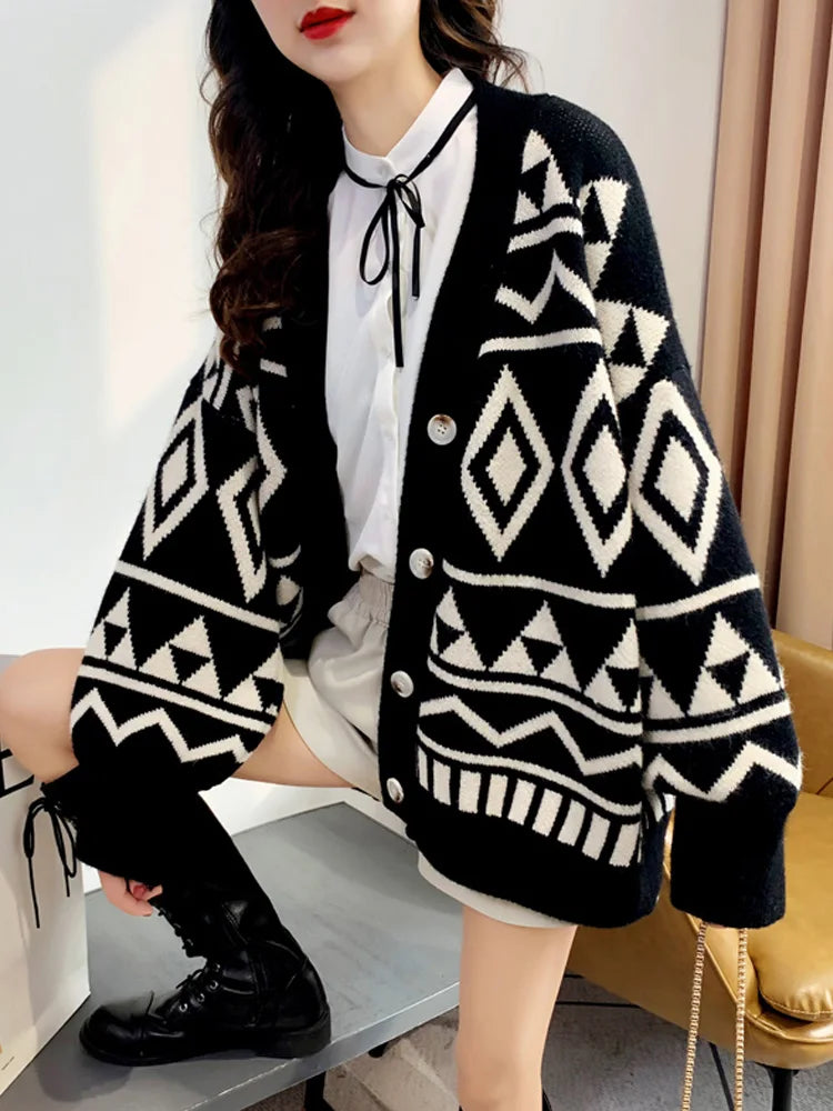 New Fashion Geometry Printing Knitted Caridgan Coat Autumn Winter Casual Loose Women Sweaters Office Lady Knitted Clothes