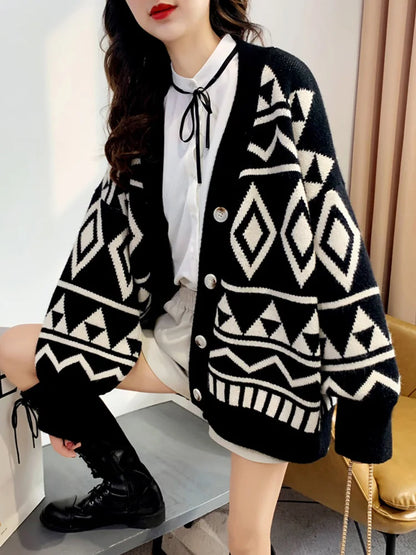 New Fashion Geometry Printing Knitted Caridgan Coat Autumn Winter Casual Loose Women Sweaters Office Lady Knitted Clothes