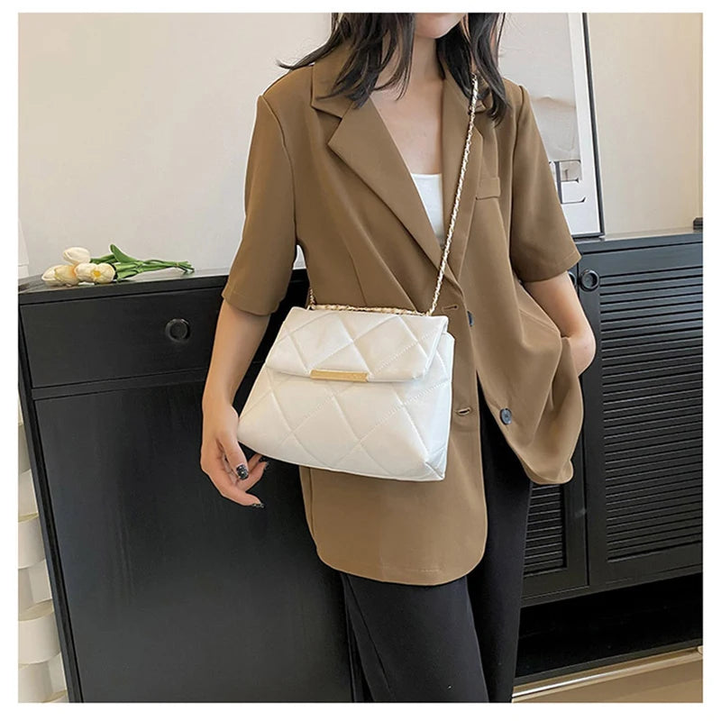 Plaid Thread Women Handbags Lady Underarm Shoulder Bag Large Capacity Commuting Tote Bag PU Leather Chain Strap Crossbody Bag