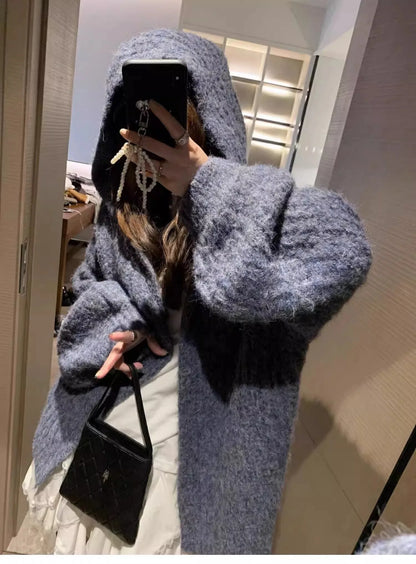 Winter Women Long Sleeve Loose Hooded Loose Knitted Coat Autumn Fashion Solid Color Sweater Elegant Casual Cardigan Knitwear