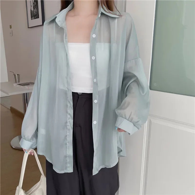 Oversized Shirt for Women Black White Thin Chiffon Collared Long Sleeve Button-Up Shirt Blouse Female Teen-girl Beach Cover Up
