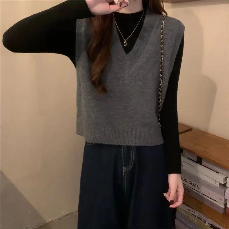 Xpqbb Spring Autumn New V-neck Knitted Vest Women Vintage Sleeveless Sweater Waistcoat Female Korean Chic Cropped Knit Tops