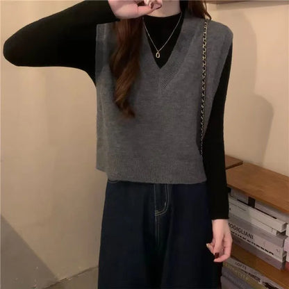 Xpqbb Spring Autumn New V-neck Knitted Vest Women Vintage Sleeveless Sweater Waistcoat Female Korean Chic Cropped Knit Tops