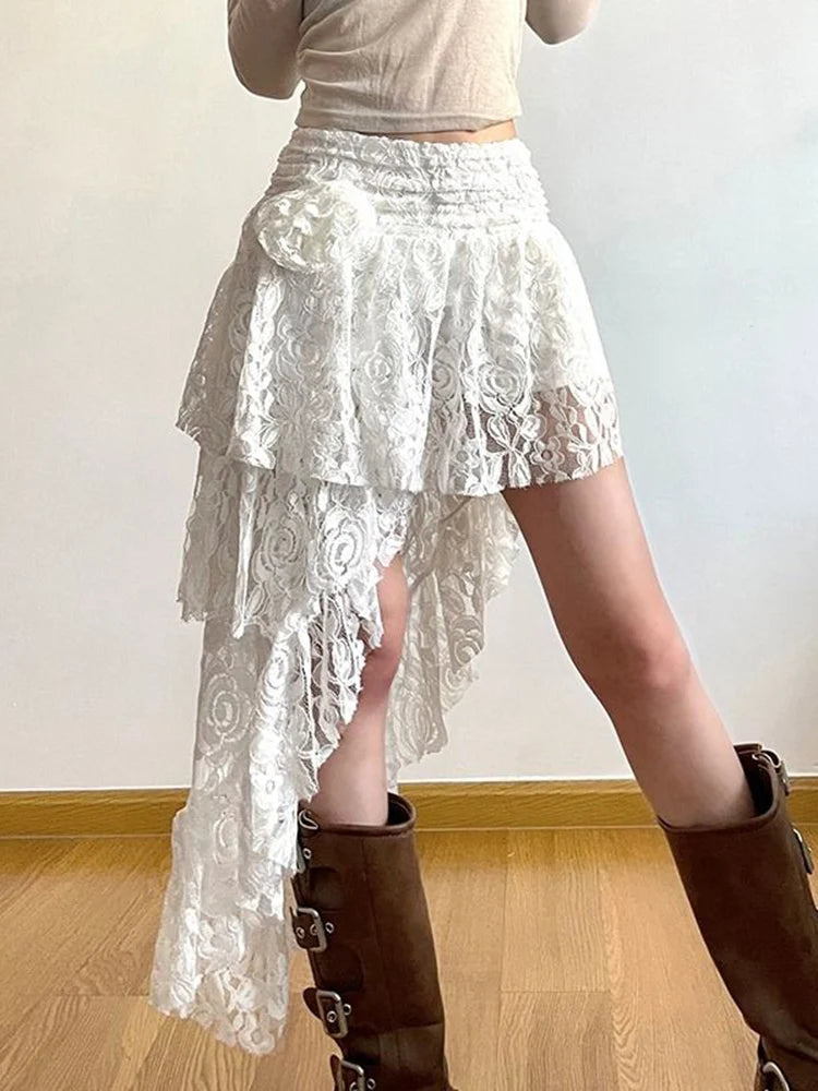 Zoki Sexy Bohemian Sweet Lace Skirt Women Elegant Irregular High Waist Skirt Vintage Korean Lady Casual Cute White A Line Skirts