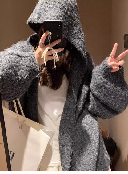 Winter Women Long Sleeve Loose Hooded Loose Knitted Coat Autumn Fashion Solid Color Sweater Elegant Casual Cardigan Knitwear