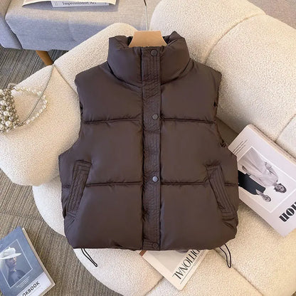 Winter Short Down Cotton Sleeveless Vest Simple Solid Pockets Coats Warm Cold Resistant Waistcoat Drawstring Vest