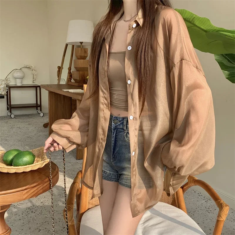 Oversized Shirt for Women Black White Thin Chiffon Collared Long Sleeve Button-Up Shirt Blouse Female Teen-girl Beach Cover Up