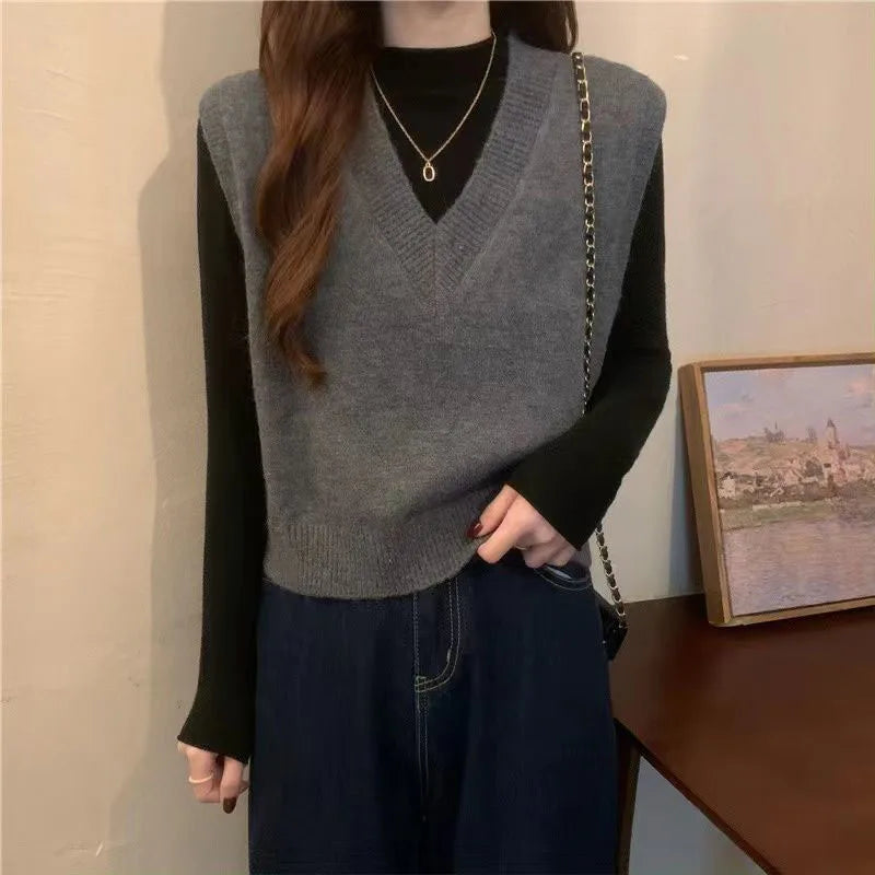 Xpqbb Spring Autumn New V-neck Knitted Vest Women Vintage Sleeveless Sweater Waistcoat Female Korean Chic Cropped Knit Tops