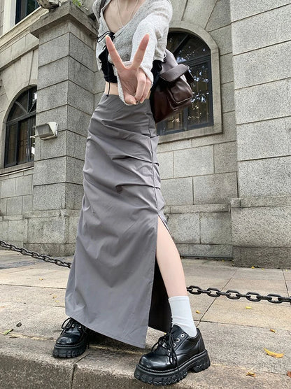 High Waist Pleated Skirt for Women Korean Fashion Streetwear Sexy Slit Midi Skirt Y2K Loose Hip Hop All-Match Female Cargo Skirt