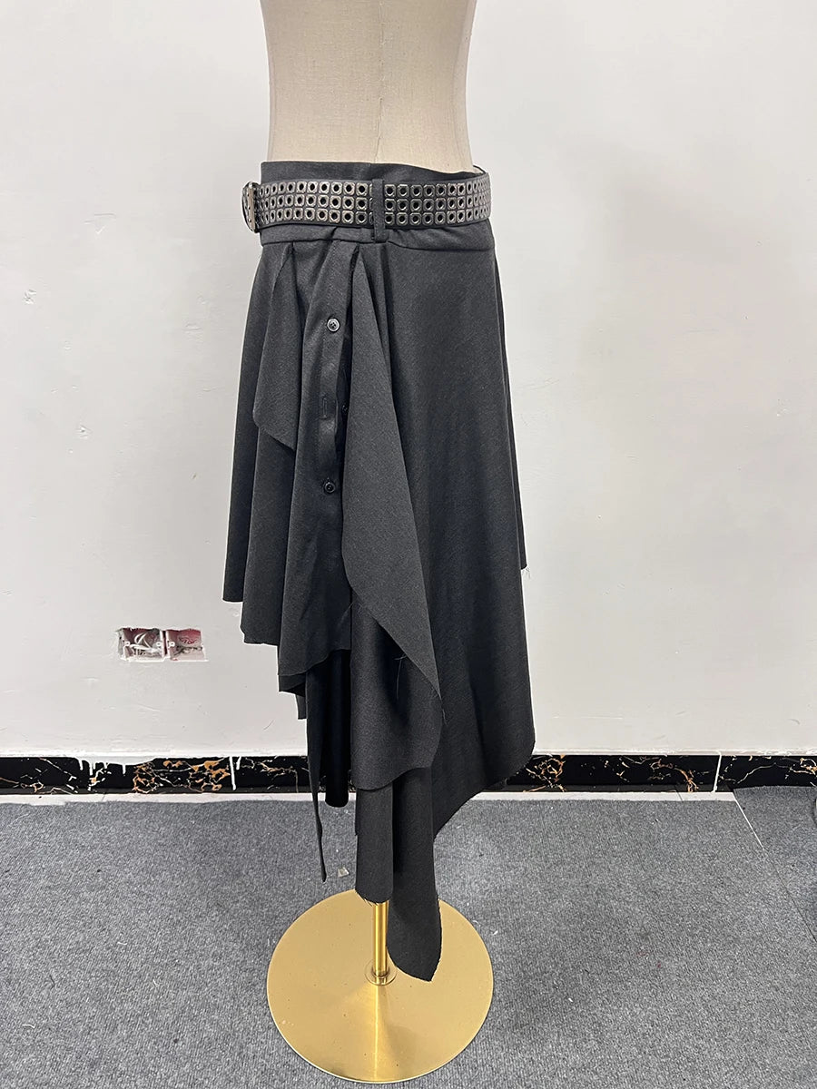TWOTWINSTYLE Solid Patchwork Belt Loose Skirts For Women High Waiat Irregular Elegant Skirts Female Fashion Style Clothes New