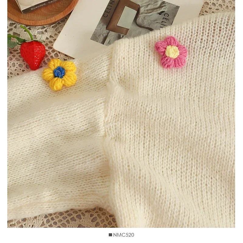 Autumn Colourful Applique Flower Cardigan for Women Cute Long  V-neck Knit Crop Sweater Girl Soft Knitwear