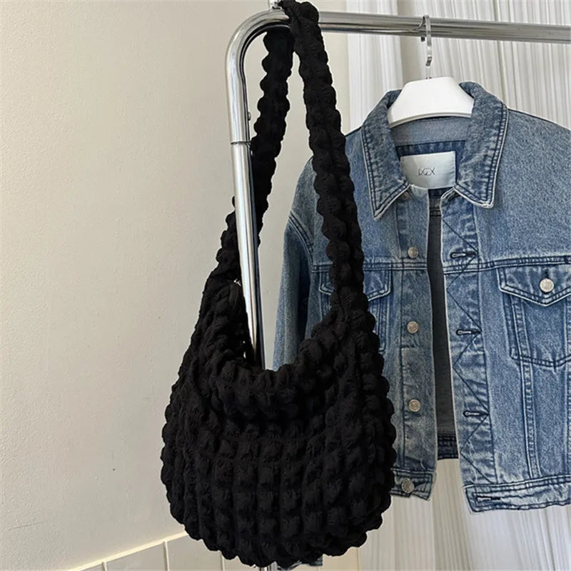 Crossbody Bag With Pleated Design Embroidered Plaid Shoulder Bag Underarm Bags Simple Large Capacity Quilted Tote Bags For Women