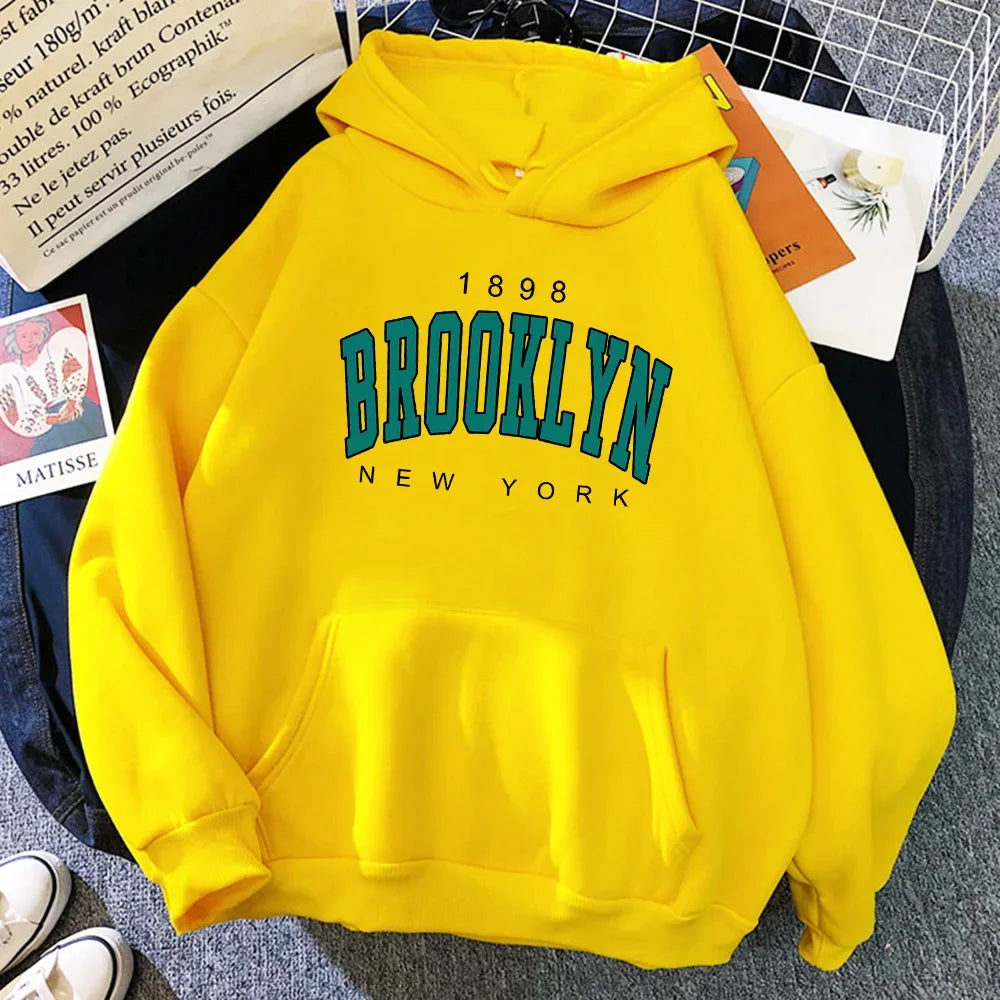 Fashionable Creative Women's Hoodie Sweatshirt 1898 Brooklyn New York Full Sleeve Polyester Fiber Hooded Pullover Streetwear