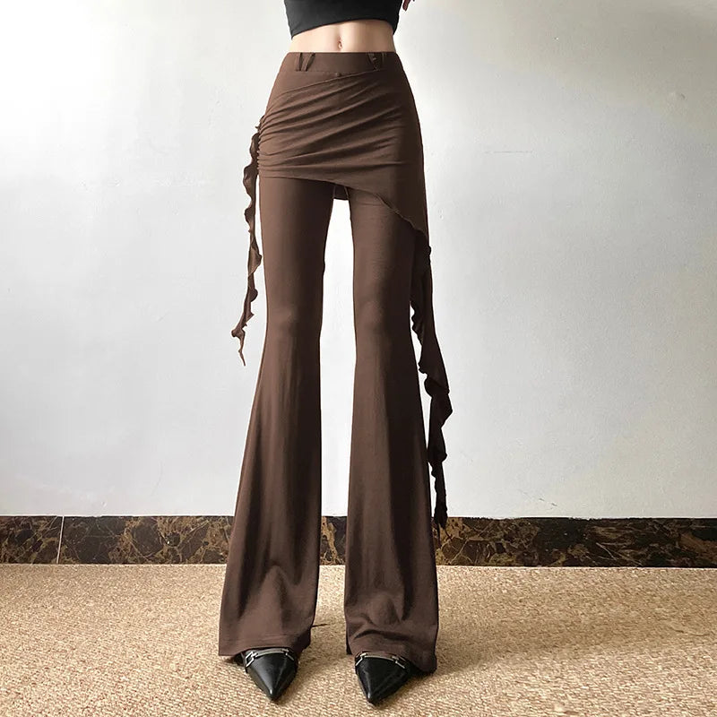 Casual Slim Folds Tie Flower Ruffles Flare Pants Casual Sexy Solid Mid-Waisted Wide Leg Pants Women 2024 Summer Fashion