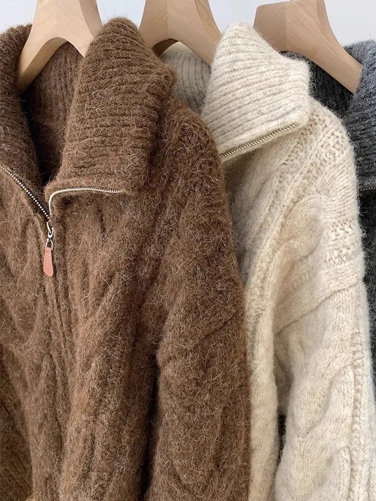 HELIAR Women Fall Winter New Casual Loose Knitted Cardigan Retro Solid Double Zipper Turn-down Collar Sweater Thicken Loose Tops