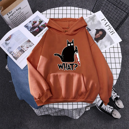 Hoody Little Black Cat And Knife Sweatshirt With Hooded Woman Oversized Aesthetic Hoodie Womens Winter Female Cats Hoodies