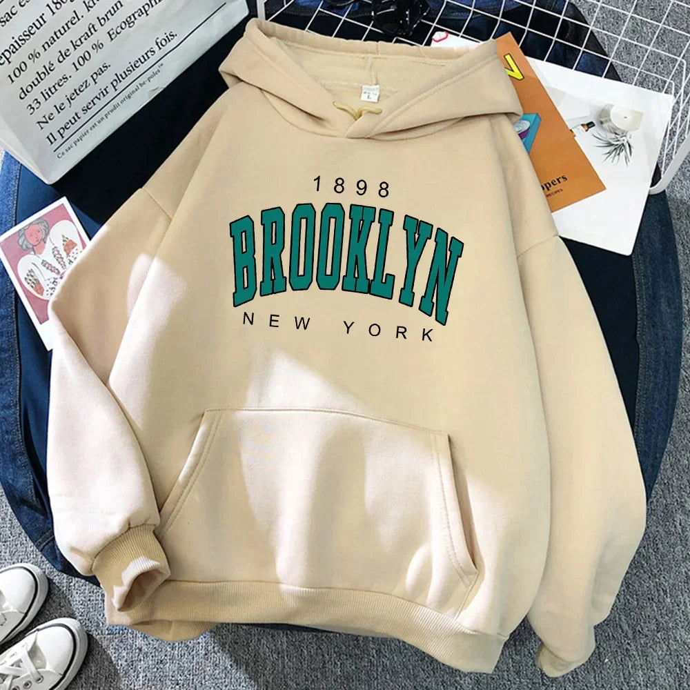 Fashionable Creative Women's Hoodie Sweatshirt 1898 Brooklyn New York Full Sleeve Polyester Fiber Hooded Pullover Streetwear