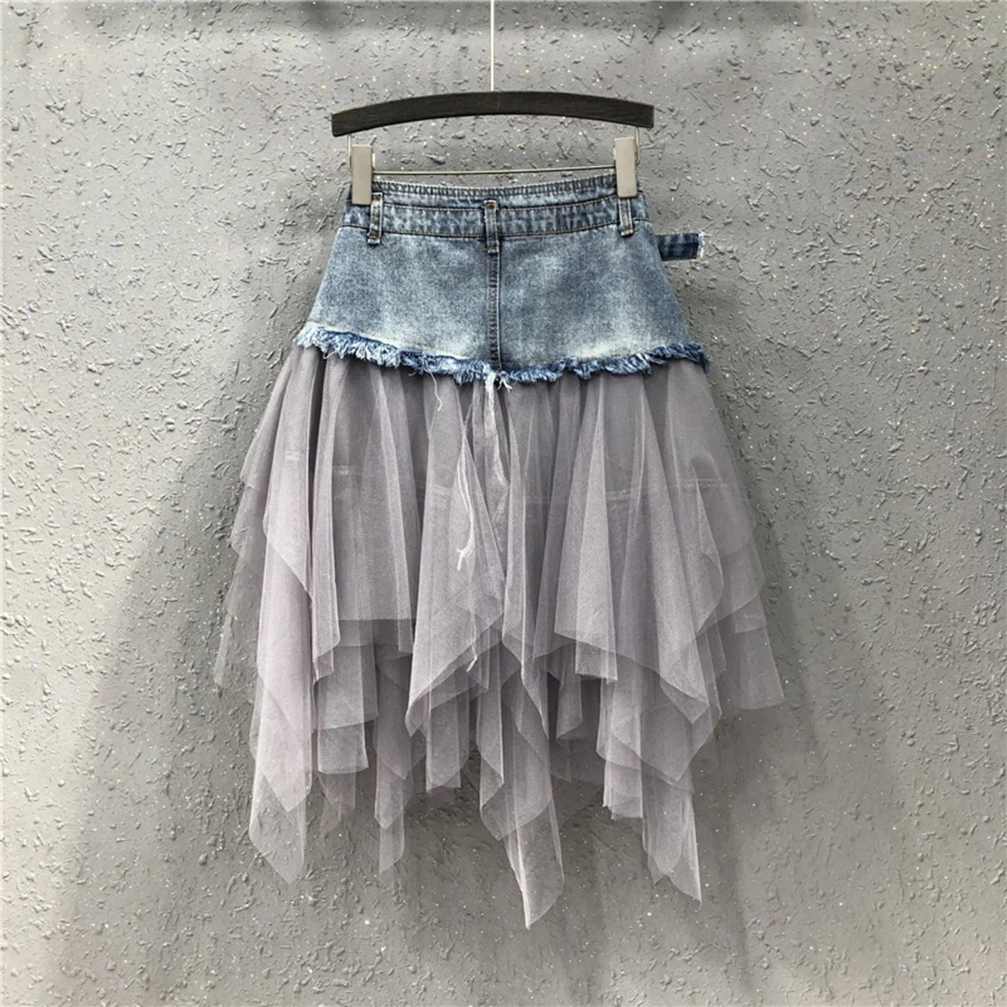 Punk Women Denim Skirts Mesh Patchwork Jean Skirt Y2K High Waist A Line Asymmetric Tulle Skirts Pleated Gothic Chic