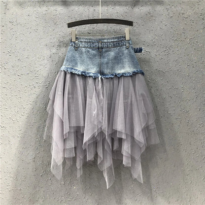 Punk Women Denim Skirts Mesh Patchwork Jean Skirt Y2K High Waist A Line Asymmetric Tulle Skirts Pleated Gothic Chic