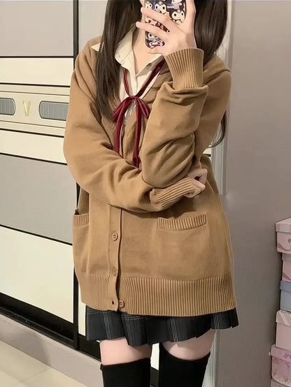 Cardigans Women Button-up Japan Style Students Long Sleeve Knitted Sweaters Loose All-match Autumn Winter Solid Color Pockets