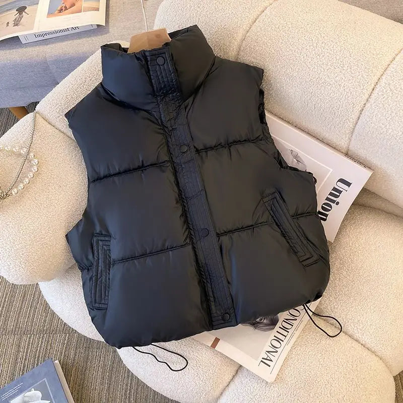 Winter Short Down Cotton Sleeveless Vest Simple Solid Pockets Coats Warm Cold Resistant Waistcoat Drawstring Vest