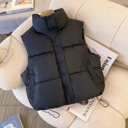 Winter Short Down Cotton Sleeveless Vest Simple Solid Pockets Coats Warm Cold Resistant Waistcoat Drawstring Vest