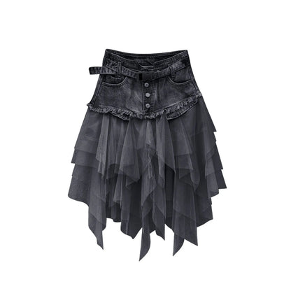 Punk Women Denim Skirts Mesh Patchwork Jean Skirt Y2K High Waist A Line Asymmetric Tulle Skirts Pleated Gothic Chic