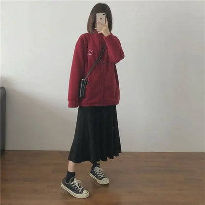 Autumn Winter Fleece Zipper Sweatshirt Jacket Women Clothing Embroidery Coats Warm Long Sleeve Cardigan Sport Outdoor Sweatshirt